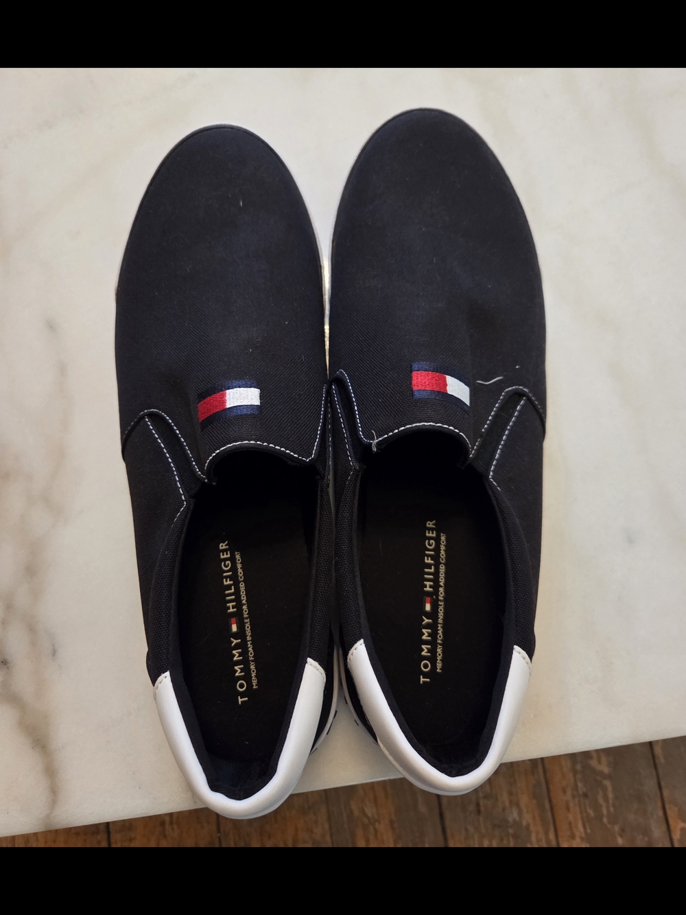 Tommy Hilfiger Black Slip-On Canvas Loafers with Red & White Flag Detail